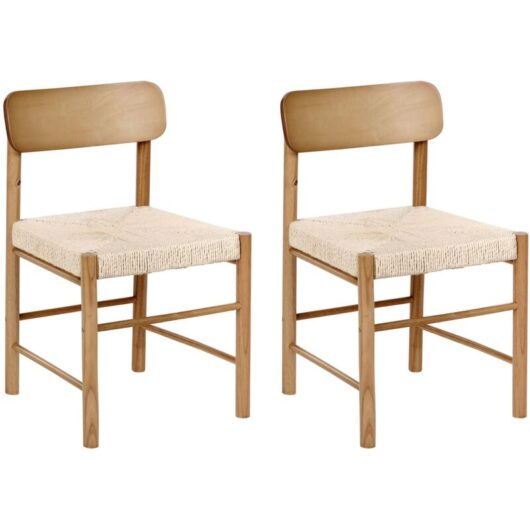 Set of 2 Dining Chairs Brown Rubberwood Paper Rope Woven Seat Boho Style Kitchen Dining Room DIGNE