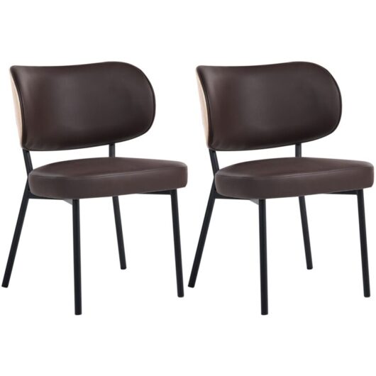 Set of 2 Dining Chairs Dark Brown Faux Leather Black Iron Legs Armless Protective Caps Modern Minimalism Design Dining Room WONDER