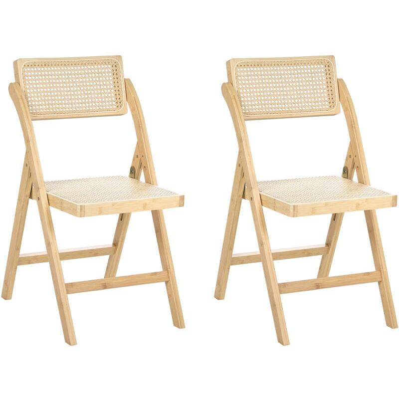 Set of 2 Dining Chairs Light Brown Bamboo Wood PE Rattan Folding Boho Style Kitchen Dining Room MODANE