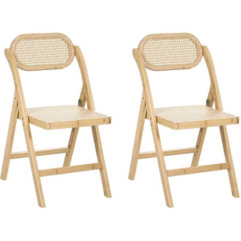 Set of 2 Dining Chairs Light Brown Bamboo Wood PE Rattan Folding Boho Style Kitchen Dining Room ORAISON