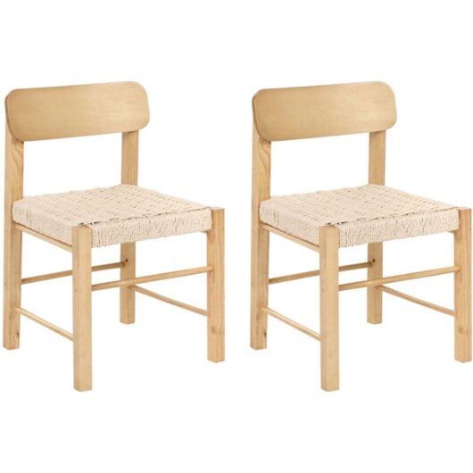 Set of 2 Dining Chairs Light Brown Rubberwood Paper Rope Woven Seat Boho Style Kitchen Dining Room ALLOS