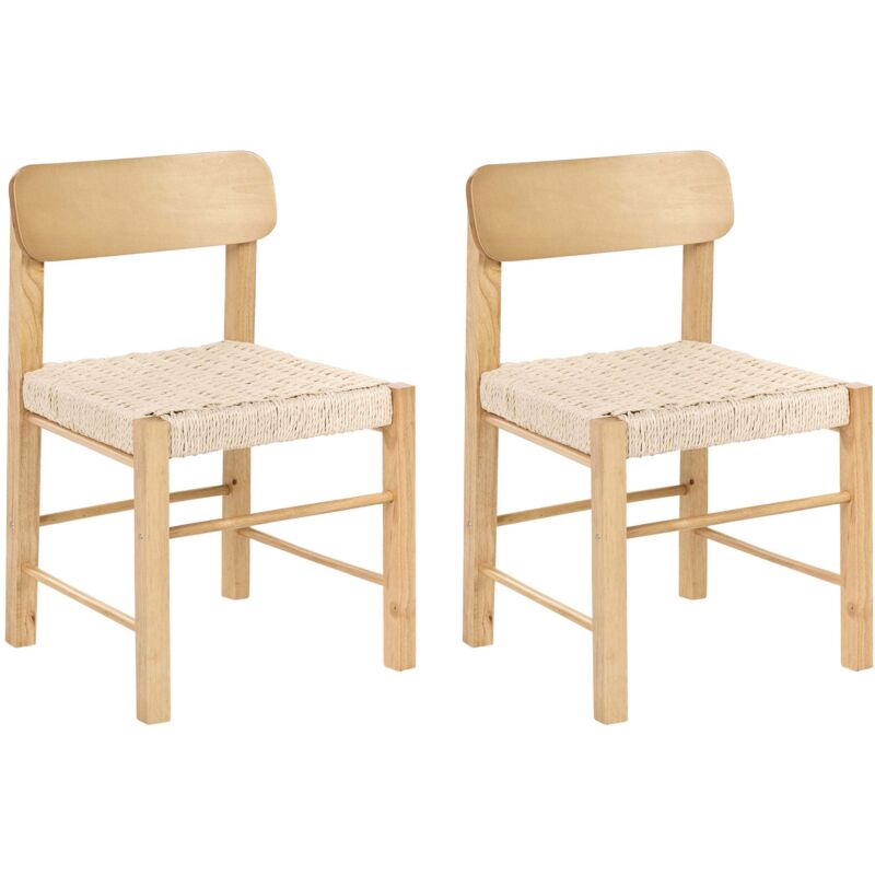 Set of 2 Dining Chairs Light Brown Rubberwood Paper Rope Woven Seat Boho Style Kitchen Dining Room ALLOS