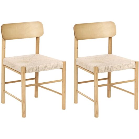 Set of 2 Dining Chairs Light Brown Rubberwood Paper Rope Woven Seat Boho Style Kitchen Dining Room DIGNE