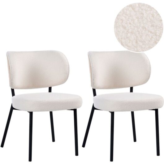 Set of 2 Dining Chairs Off-White Black Iron Legs Armless Protective Caps Modern Minimalism Design Dining Room WONDER