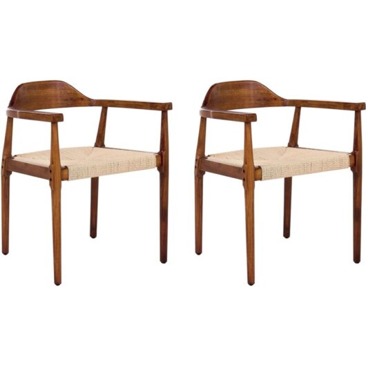 Set of 2 Dining Chairs Rubber Wood Frames Paper Cord Seats Retro Style Dining Room Dark Brown and Beige Oakdale