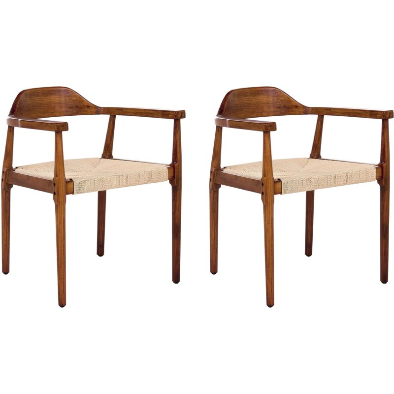 Set of 2 Dining Chairs Rubber Wood Frames Paper Cord Seats Retro Style Dining Room Dark Brown and Beige Oakdale