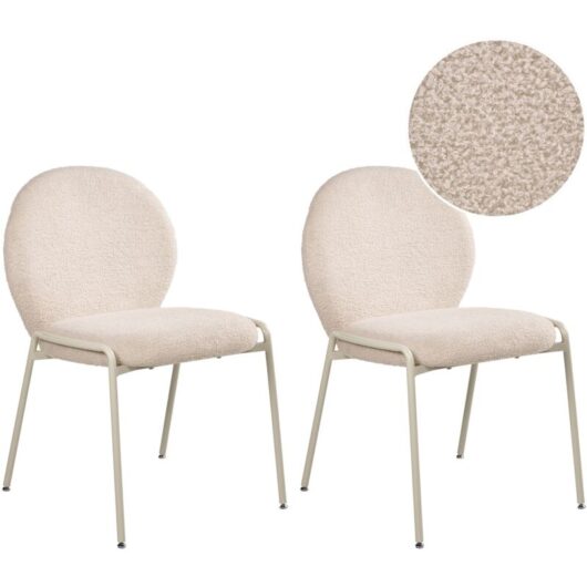 Set of 2 Dining Room Chairs Light Beige Boucle Upholstery Base Iron Frame Retro Design ELLIE