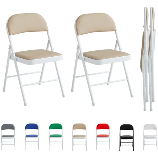 Set of 2 Faux Leather Foldable Chair with Metal Frame and Padded Seat BEIGE