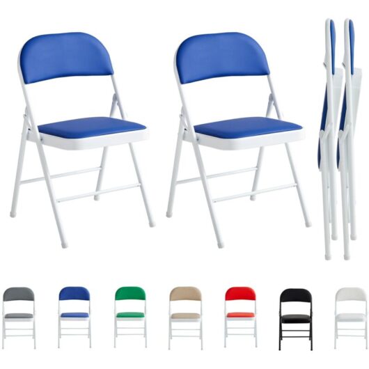 Set of 2 Faux Leather Foldable Chair with Metal Frame and Padded Seat BLUE