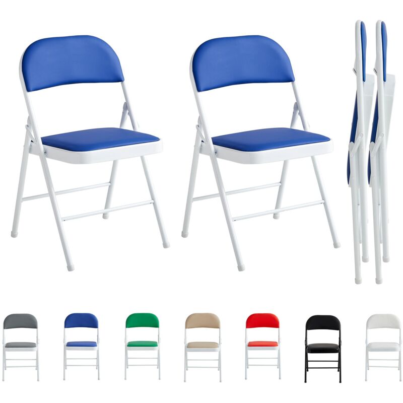 Set of 2 Faux Leather Foldable Chair with Metal Frame and Padded Seat BLUE