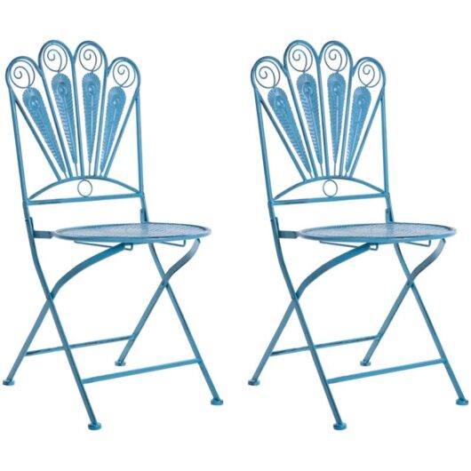 Set of 2 Garden Chairs Blue Metal Iron Frame Folding Vintage Style Outdoor Peacock Motif Distressed Effect PAVIA