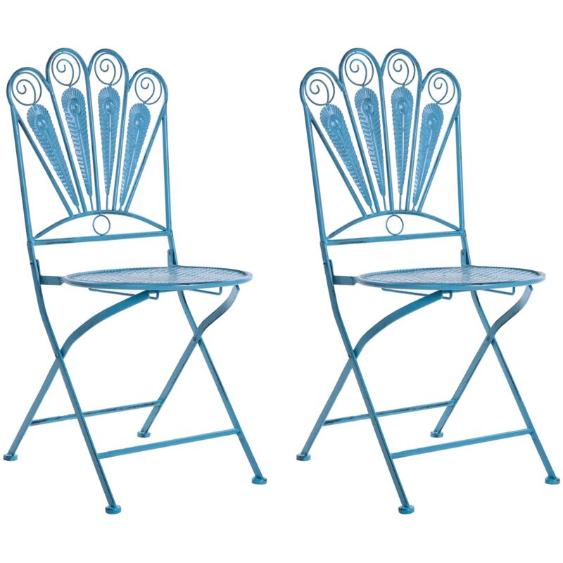 Set of 2 Garden Chairs Blue Metal Iron Frame Folding Vintage Style Outdoor Peacock Motif Distressed Effect PAVIA