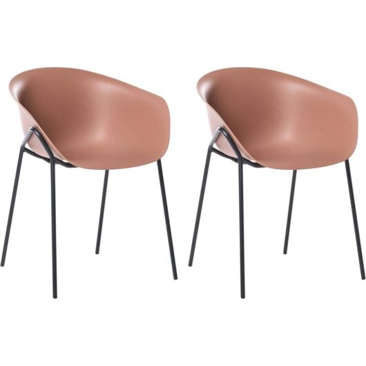Set of 2 Garden Chairs Brown Plastic Seat Black Metal Legs All-Weather Modern METEORA
