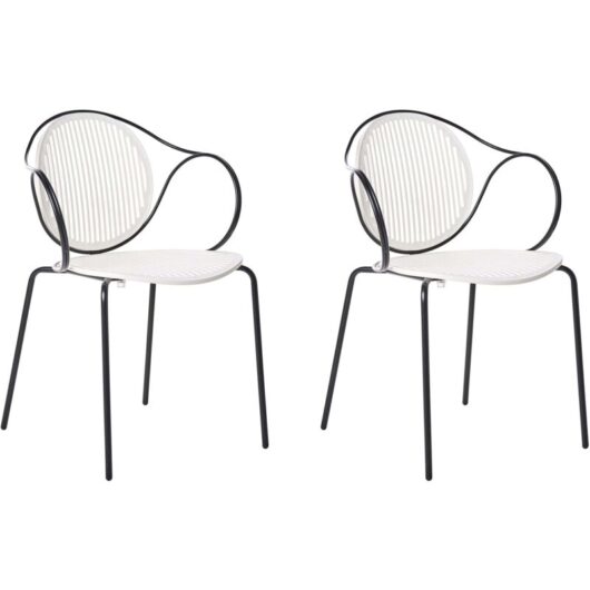 Set of 2 Garden Chairs Off-White and Black Steel Frame Stackable Ribbed Back Outdoor Patio Modern IKARIA