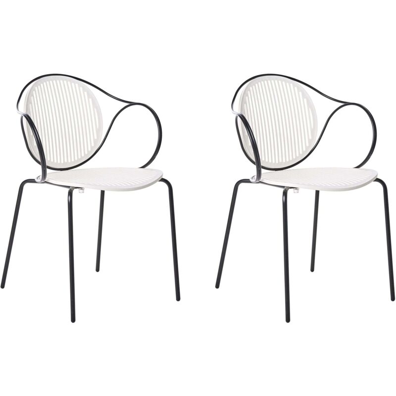 Set of 2 Garden Chairs Off-White and Black Steel Frame Stackable Ribbed Back Outdoor Patio Modern IKARIA