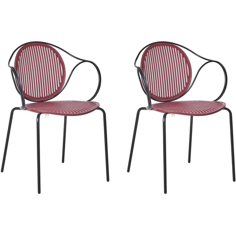 Set of 2 Garden Chairs Red and Black Steel Frame Stackable Ribbed Back Outdoor Patio Modern IKARIA