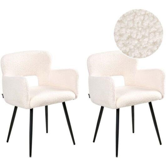 Set of 2 Modern Dining Chairs Boucle Fabric Upholstery Seat with Armrests Tufted White Sanilac