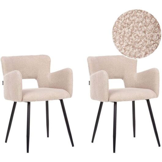 Set of 2 Modern Dining Chairs Boucle Seat with Armrests Tufted Beige Sanilac