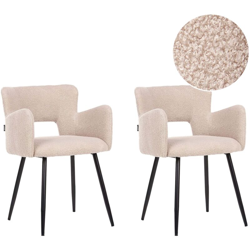 Set of 2 Modern Dining Chairs Boucle Seat with Armrests Tufted Beige Sanilac