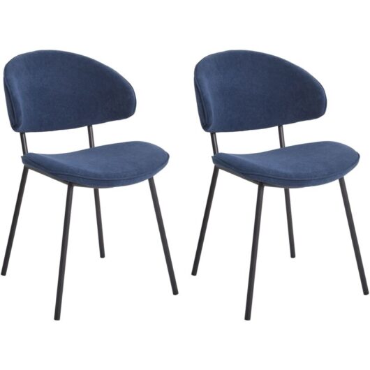 Set of 2 Modern Dining Chairs Fabric Upholstered Seat Armless Curved Back Black Legs Dark Blue Kiana