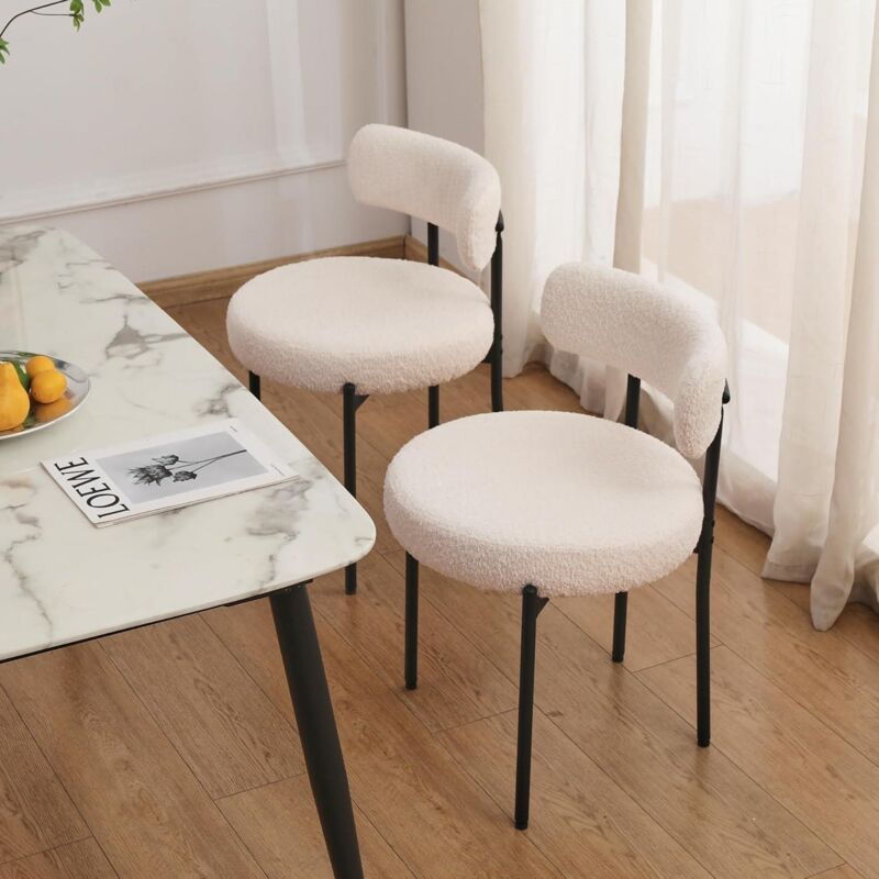 Set of 2 White Boucle Stackable Dining Chairs Kitchen Chairs