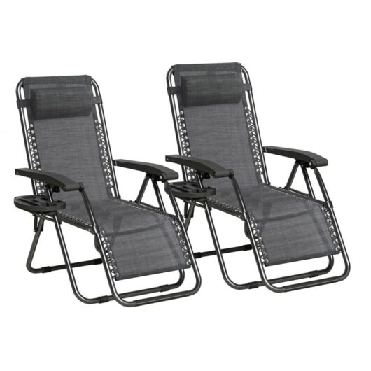 Set of 2 Zero Gravity Reclining Folding Outdoor & Garden Chairs with Textilene Fabric, Cup Holder and Headrest Pillow BLACK FRAME & BLACK GREY
