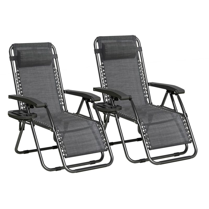 Set of 2 Zero Gravity Reclining Folding Outdoor & Garden Chairs with Textilene Fabric, Cup Holder and Headrest Pillow BLACK FRAME & BLACK GREY
