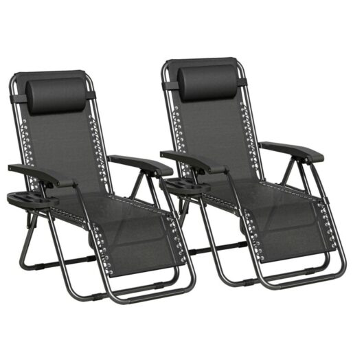 Set of 2 Zero Gravity Reclining Folding Outdoor & Garden Chairs with Textilene Fabric, Cup Holder and Headrest Pillow BLACK FRAME & BLACK TEXTILENE