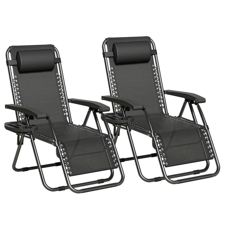 Set of 2 Zero Gravity Reclining Folding Outdoor & Garden Chairs with Textilene Fabric, Cup Holder and Headrest Pillow BLACK FRAME & BLACK TEXTILENE
