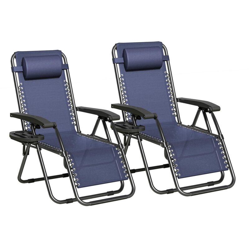 Set of 2 Zero Gravity Reclining Folding Outdoor & Garden Chairs with Textilene Fabric, Cup Holder and Headrest Pillow BLACK FRAME & BLUE TEXTILENE