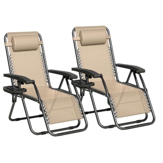 Set of 2 Zero Gravity Reclining Folding Outdoor & Garden Chairs with Textilene Fabric, Cup Holder and Headrest Pillow BLACK FRAME & CREAM TEXTILENE