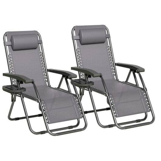 Set of 2 Zero Gravity Reclining Folding Outdoor & Garden Chairs with Textilene Fabric, Cup Holder and Headrest Pillow BLACK FRAME & DARK GREY
