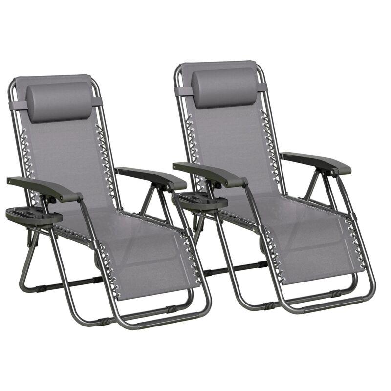 Set of 2 Zero Gravity Reclining Folding Outdoor & Garden Chairs with Textilene Fabric, Cup Holder and Headrest Pillow BLACK FRAME & DARK GREY