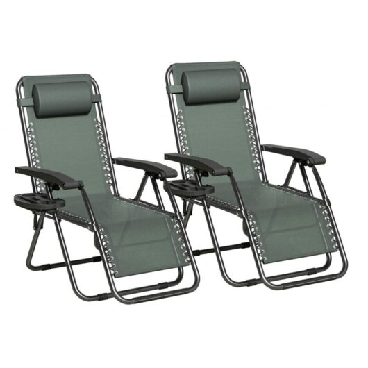 Set of 2 Zero Gravity Reclining Folding Outdoor & Garden Chairs with Textilene Fabric, Cup Holder and Headrest Pillow BLACK FRAME & GREEN TEXTILENE