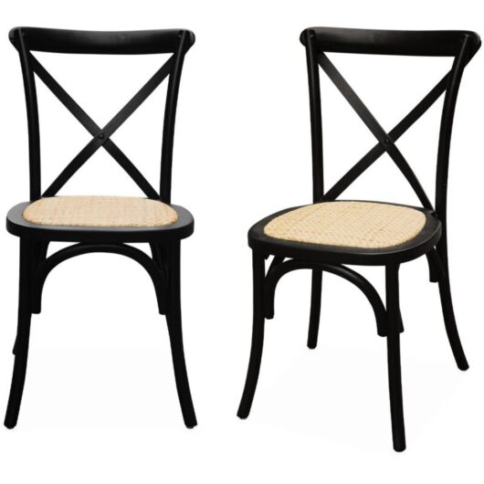 Set of 2 vintage bistro chairs, black rubberwood, rattan seat, stackable, Belleville