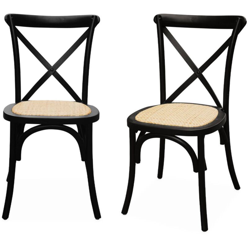 Set of 2 vintage bistro chairs, black rubberwood, rattan seat, stackable, Belleville