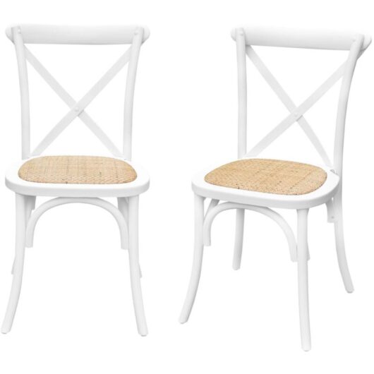 Set of 2 vintage bistro chairs, white rubberwood, rattan set, stackable, Belleville sweeek