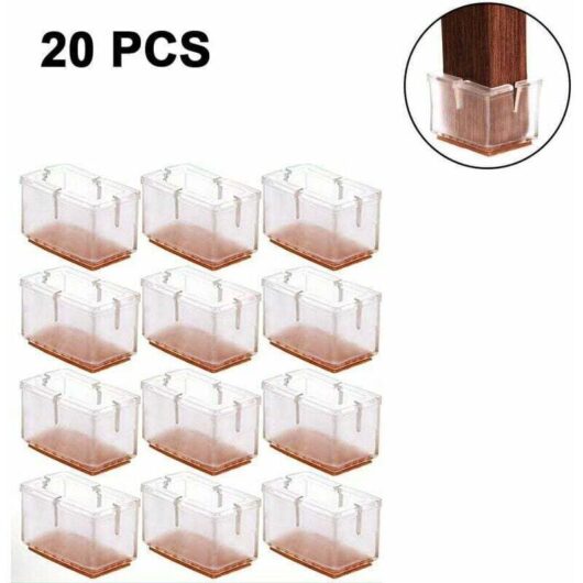 Set of 20 chair leg protectors for hardwood floors. Transparent chair leg covers. Silicone floor protectors for chair legs. Rectangle. Applicable