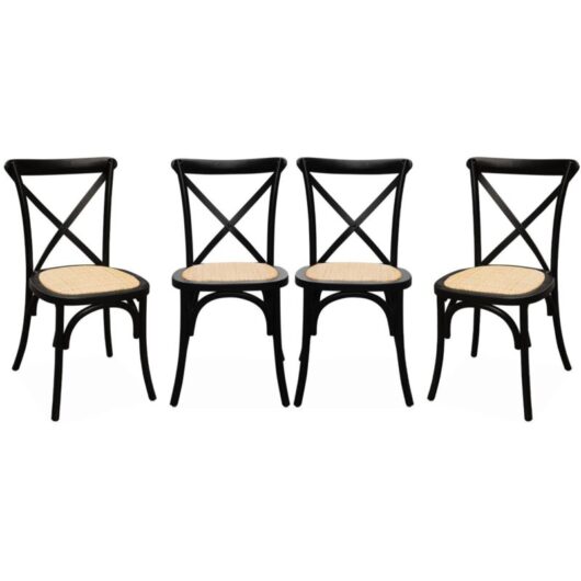 Set of 4 vintage black bistro chairs with rattan seats, stackable