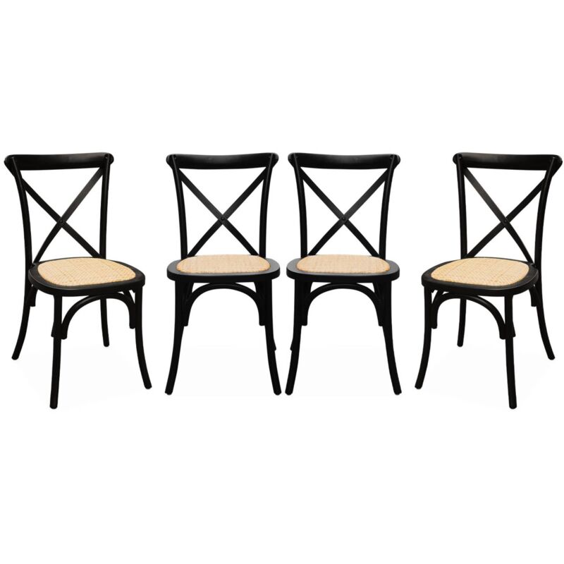 Set of 4 vintage black bistro chairs with rattan seats, stackable