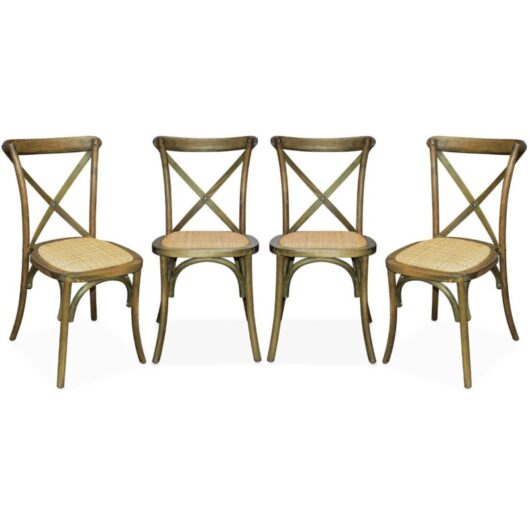 Set of 4 vintage brown wood bistro chairs with rattan seats, stackable