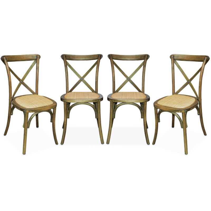 Set of 4 vintage brown wood bistro chairs with rattan seats, stackable