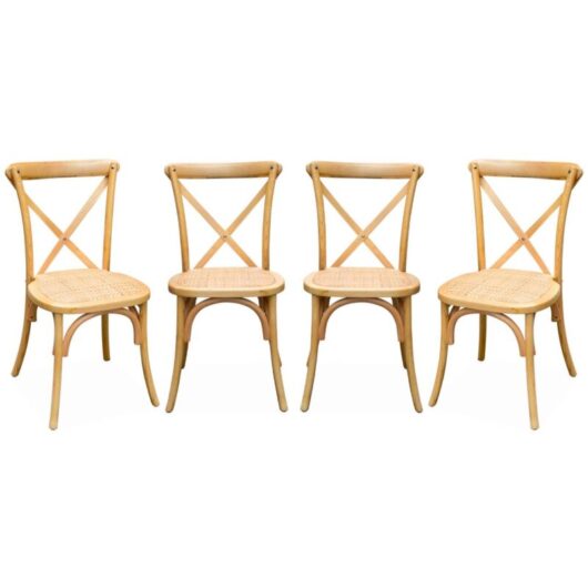Set of 4 vintage natural wood bistro chairs with rattan seats, stackable