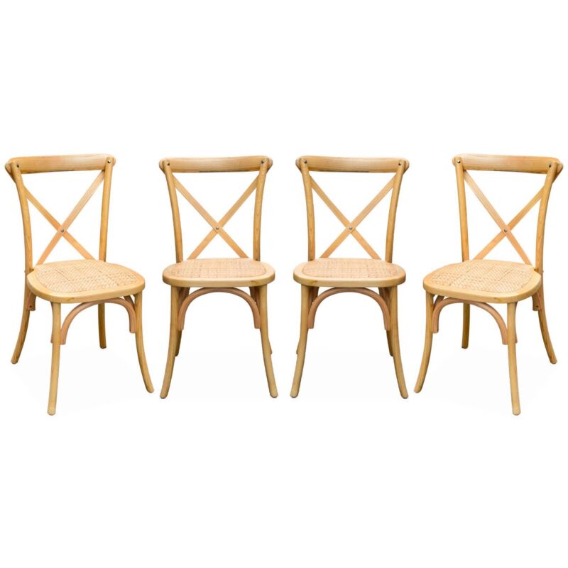 Set of 4 vintage natural wood bistro chairs with rattan seats, stackable