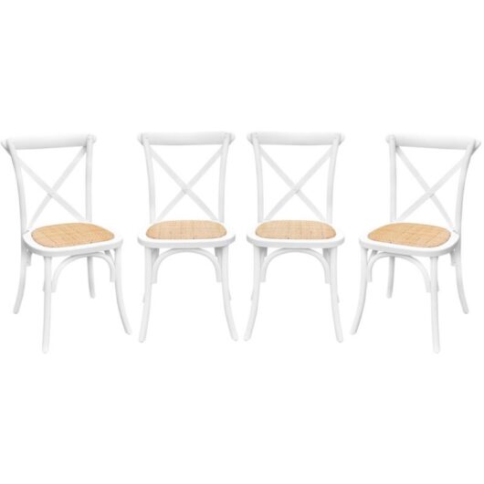 Set of 4 vintage white wood bistro chairs with rattan seats, stackable