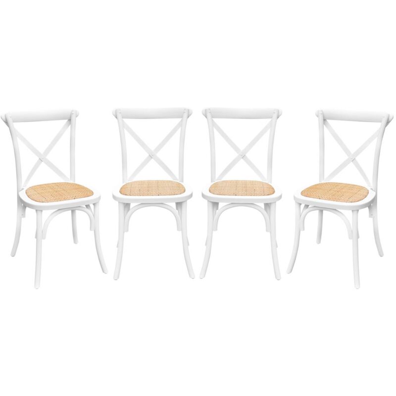 Set of 4 vintage white wood bistro chairs with rattan seats, stackable