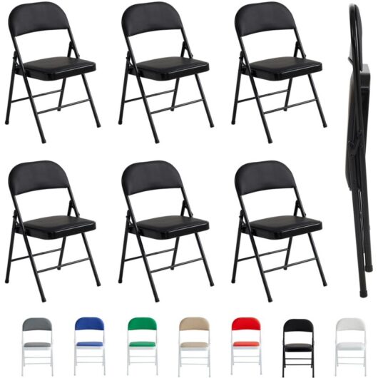 Set of 6 Faux Leather Foldable Chair with Metal Frame and Padded Seat BLACK