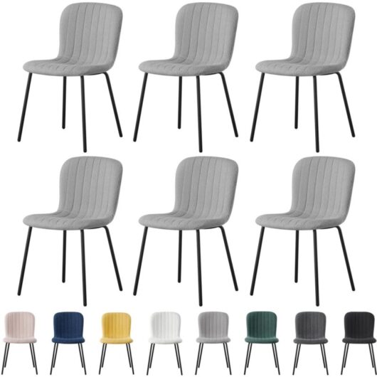 Set of 6 Soft Fabric Dining Chairs with Upholstered Seat and Metal Legs for Dining Room, Living Room and Kitchen Room - New Bella light grey - Mcc