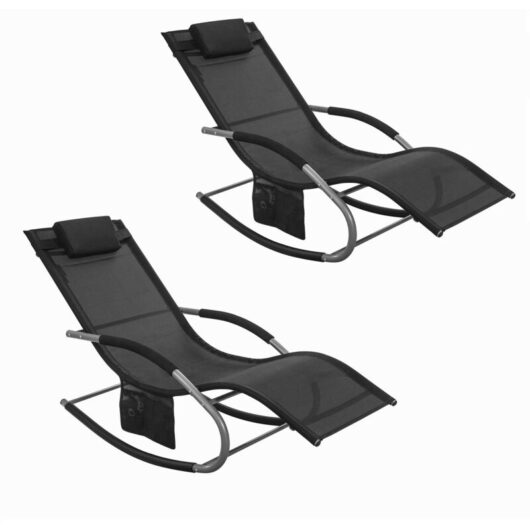 SoBuy Set of 2 Sun Lounger Garden Chair Recliner with Cushioned Pillow & Side Pocket Garden Rocking Chair with Steel Frame Outdoor Furniture Black