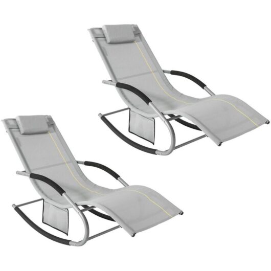 Sobuy - Set of 2 Sun Lounger Garden Chair Recliner with Cushioned Pillow & Side Pocket Garden Rocking Chair with Steel Frame Outdoor Furniture Grey